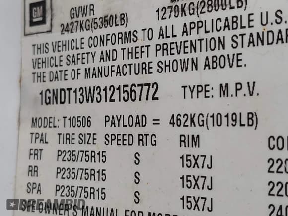 ✅ 2001 Chevrolet Blazer LT • VIN: 1GNDT13W312156772 • Lot: 41826929. Wystawiony na IAAI z przebiegiem 195 474 mil. Bezpłatny archiwum sprzedaży aukcyjnych z USA i szczegółowy raport historii pojazdu na DreamBid. Zdjęcie 9.