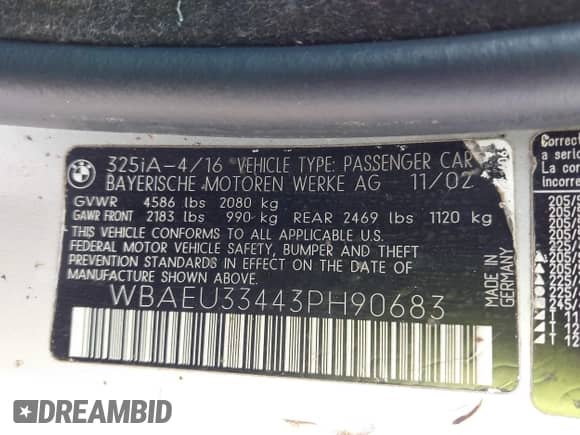 2003 BMW 3 Series 325xi with VIN WBAEU33443PH90683, listed as a IAAI auction lot 42741918 with 170,563 mi miles and . Bid and sale history available at DreamBid. Image 9.