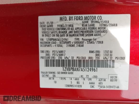 ✅ 2010 Ford Mustang V6 • VIN: 1ZVBP8AN7A5124961 • Lot: 42522411. Listed on IAAI with 159,250 mi. Free auction sales archive from the USA and detailed vehicle history report at DreamBid. Image 9.