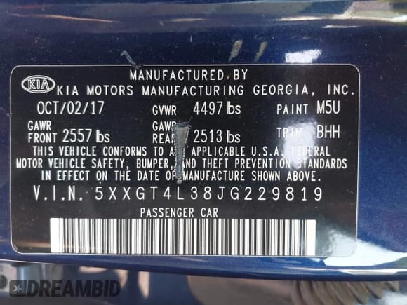 ✅ 2018 Kia Optima S • VIN: 5XXGT4L38JG229819 • Lot: 42400321. Listed on IAAI with 167,118 mi. Free auction sales archive from the USA and detailed vehicle history report at DreamBid. Image 9.