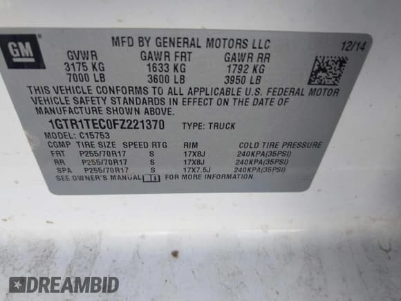 ✅ 2015 GMC Sierra 1500 • VIN: 1GTR1TEC0FZ221370 • Lot: 43600837. Listed on IAAI with 116,413 mi. Free auction sales archive from the USA and detailed vehicle history report at DreamBid. Image 9.