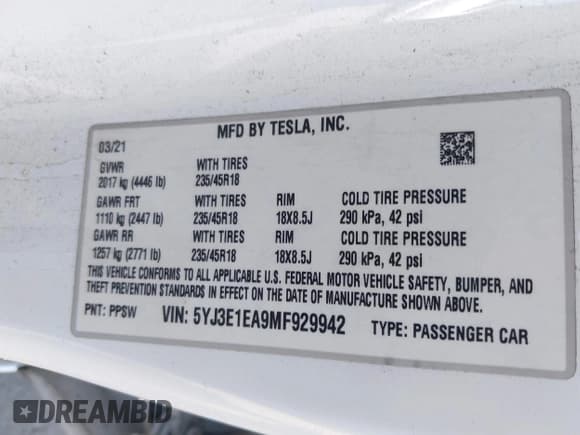 ✅ 2021 Tesla Model 3 Standard Range Plus • VIN: 5YJ3E1EA9MF929942 • Lot: 43597141. Wystawiony na IAAI z przebiegiem 149 430 mil. Bezpłatny archiwum sprzedaży aukcyjnych z USA i szczegółowy raport historii pojazdu na DreamBid. Zdjęcie 9.