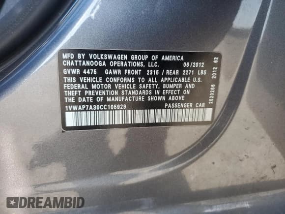 ✅ 2012 Volkswagen Passat S • VIN: 1VWAP7A30CC105929 • Lot: 85496895. Listed on Copart with 189,800 mi. Free auction sales archive from the USA and detailed vehicle history report at DreamBid. Image 12.