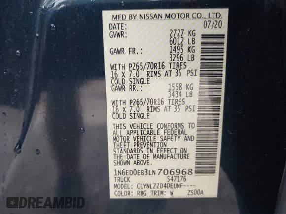 ✅ 2020 Nissan Frontier Pro-4X • VIN: 1N6ED0EB3LN706968 • Lot: 43252331. Listed on IAAI with 120,012 mi. Free auction sales archive from the USA and detailed vehicle history report at DreamBid. Image 9.