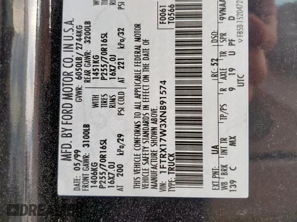 ✅ 1999 Ford F-150 • VIN: 1FTRX17W3XNB91574 • Lot: 84773145. Listed on Copart with Not provided. Free auction sales archive from the USA and detailed vehicle history report at DreamBid. Image 12.