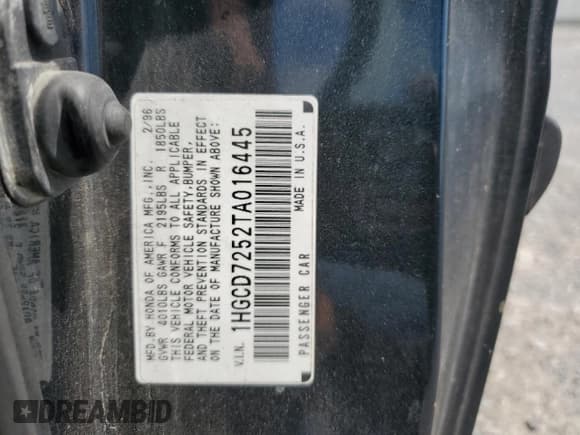 ✅ 1996 Honda Accord EX • VIN: 1HGCD7252TA016445 • Лот: 57035585. Опубликован ранее на Copart с пробегом 202 254 миль. Бесплатный доступ к архиву аукционных продаж из США и подробный отчёт об истории автомобиля на DreamBid. Изображение 12.