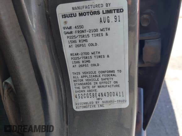 ✅ 1992 Isuzu Rodeo • VIN: 4S2CG58E4N4300411 • Lot: 42593697. Listed on IAAI with 158,963 mi. Free auction sales archive from the USA and detailed vehicle history report at DreamBid. Image 9.