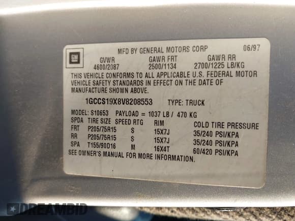 ✅ 1997 Chevrolet S-10 LS • VIN: 1GCCS19X8V8208553 • Лот: 41451229. Опубликован ранее на IAAI с пробегом 185 579 миль. Бесплатный доступ к архиву аукционных продаж из США и подробный отчёт об истории автомобиля на DreamBid. Изображение 9.