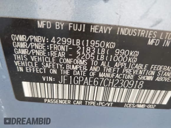 ✅ 2012 Subaru Impreza Premium • VIN: JF1GPAE67CH230918 • Lot: 43383808. Listed on IAAI with 124,512 mi. Free auction sales archive from the USA and detailed vehicle history report at DreamBid. Image 9.