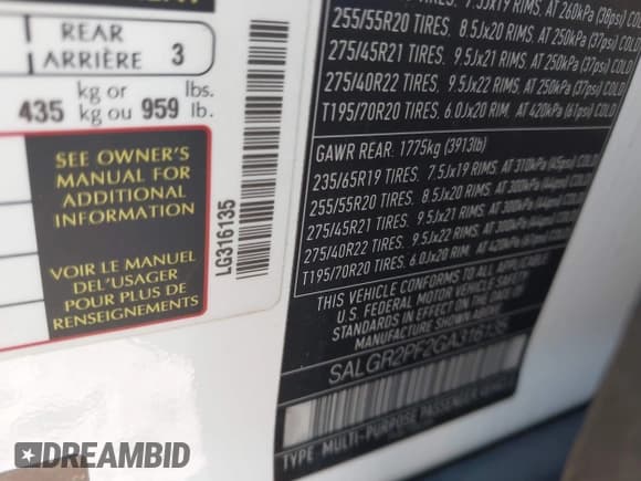 ✅ 2016 Land Rover Range Rover • VIN: SALGR2PF2GA316135 • Lot: 43191315. Listed on IAAI with 84,769 mi. Free auction sales archive from the USA and detailed vehicle history report at DreamBid. Image 9.