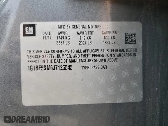 ✅ 2018 Chevrolet Cruze LT • VIN: 1G1BE5SM6J7125545 • Lot: 52028393. Listed on Copart with 193,162 mi. Free auction sales archive from the USA and detailed vehicle history report at DreamBid. Image 12.