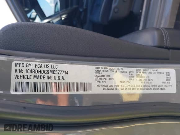 2021 Dodge Durango GT with VIN 1C4RDHDG9MC577714, listed as a IAAI auction lot 42976852 with 95,691 mi miles and . Bid and sale history available at DreamBid. Image 9.