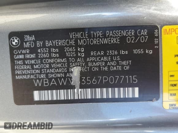 ✅ 2007 BMW 3 Series 328xi • VIN: WBAWV53567P077115 • Лот: 50252685. Опубликован ранее на Copart с пробегом Не указан. Бесплатный доступ к архиву аукционных продаж из США и подробный отчёт об истории автомобиля на DreamBid. Изображение 12.