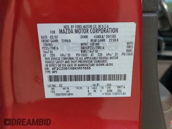 ✅ 2008 Mazda Tribute Grand Touring • VIN: 4F2CZ061X8KM01655 • Lot: 57498065. Listed on Copart with 220,375 mi. Free auction sales archive from the USA and detailed vehicle history report at DreamBid. Image 12.