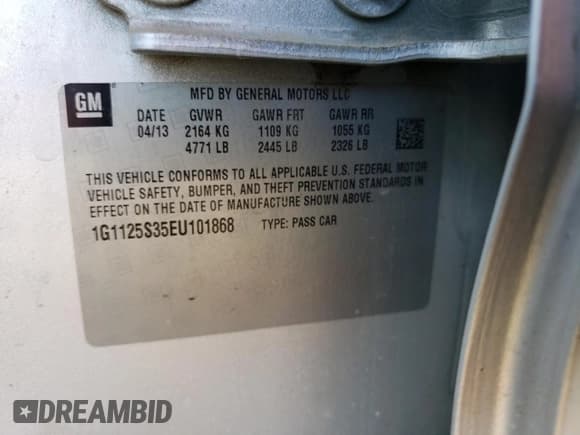 ✅ 2014 Chevrolet Impala LT • VIN: 1G1125S35EU101868 • Лот: 78164744. Опубликован ранее на Copart с пробегом Не указан. Бесплатный доступ к архиву аукционных продаж из США и подробный отчёт об истории автомобиля на DreamBid. Изображение 13.