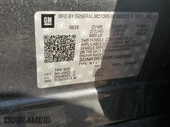 ✅ 2019 Chevrolet Blazer RS • VIN: 3GNKBERS0KS683003 • Lot: 81926615. Listed on Copart with 62,312 mi. Free auction sales archive from the USA and detailed vehicle history report at DreamBid. Image 13.