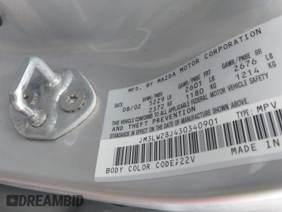 ✅ 2003 Mazda MPV LX • VIN: JM3LW28J430340901 • Lot: 42576024. Listed on IAAI with Not provided. Free auction sales archive from the USA and detailed vehicle history report at DreamBid. Image 9.