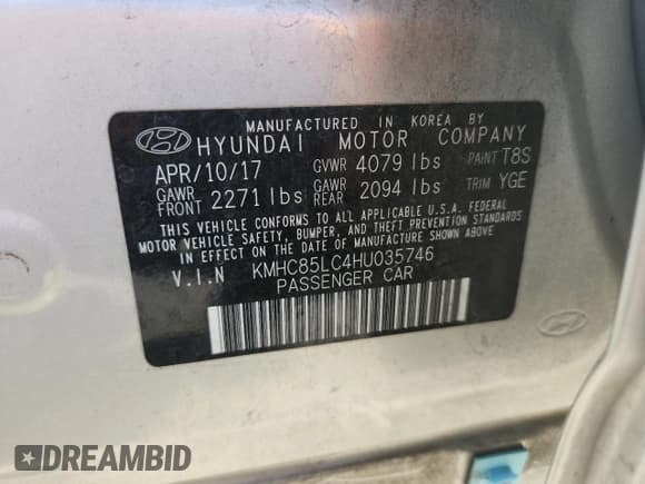 ✅ 2017 Hyundai Ioniq Limited • VIN: KMHC85LC4HU035746 • Lot: 71529175. Listed on Copart with 73,111 mi. Free auction sales archive from the USA and detailed vehicle history report at DreamBid. Image 12.