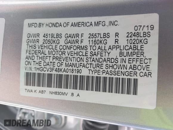 ✅ 2019 Honda Accord EX • VIN: 1HGCV3F48KA018190 • Лот: 39288345. Опубликован ранее на IAAI с пробегом 32 340 миль. Бесплатный доступ к архиву аукционных продаж из США и подробный отчёт об истории автомобиля на DreamBid. Изображение 9.