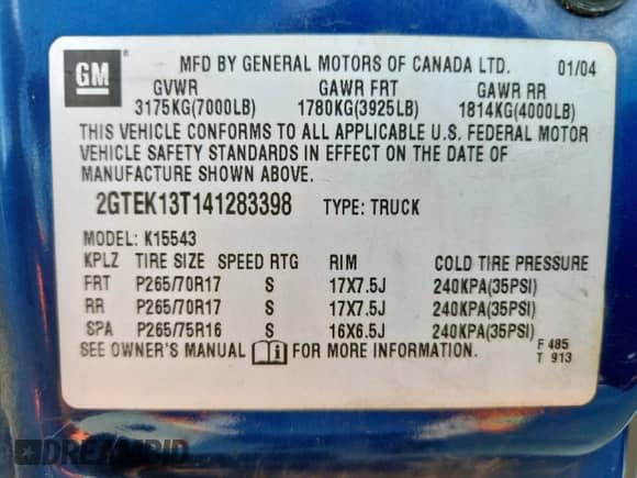 2004 GMC Sierra 1500 SLE with VIN 2GTEK13T141283398, listed as a Copart auction lot 85854715 with 279,298 mi miles and Salvage title. Bid and sale history available at DreamBid. Image 12.