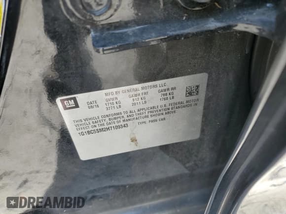 ✅ 2017 Chevrolet Cruze LS • VIN: 1G1BC5SM2H7109343 • Lot: 59654863. Listed on Copart with 97,882 mi. Free auction sales archive from the USA and detailed vehicle history report at DreamBid. Image 12.