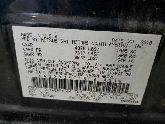 ✅ 2011 Mitsubishi Galant ES • VIN: 4A32B3FF1BE014539 • Lot: 69200915. Listed on Copart with 162,807 mi. Free auction sales archive from the USA and detailed vehicle history report at DreamBid. Image 12.