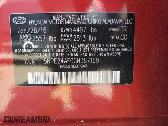 2016 Hyundai Sonata SE with VIN 5NPE24AF0GH387169, listed as a Copart auction lot 66143195 with 109,447 mi miles and Salvage title. Bid and sale history available at DreamBid. Image 12.