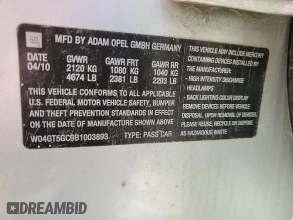 ✅ 2011 Buick Regal CXL RL5 • VIN: W04GT5GC9B1003893 • Lot: 52955815. Listed on Copart with 119,754 mi. Free auction sales archive from the USA and detailed vehicle history report at DreamBid. Image 13.