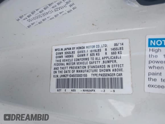 ✅ 2014 Honda CR-Z • VIN: JHMZF1D45ES003155 • Lot: 42660093. Listed on IAAI with 65,454 mi. Free auction sales archive from the USA and detailed vehicle history report at DreamBid. Image 9.