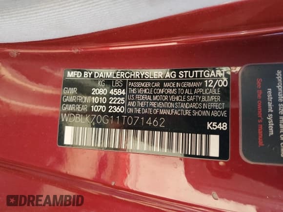 ✅ 2001 Mercedes-Benz CLK 320/430 • VIN: WDBLK70G11T071462 • Lot: 79171794. Wystawiony na Copart z przebiegiem 57 024 mil. Bezpłatny archiwum sprzedaży aukcyjnych z USA i szczegółowy raport historii pojazdu na DreamBid. Zdjęcie 12.