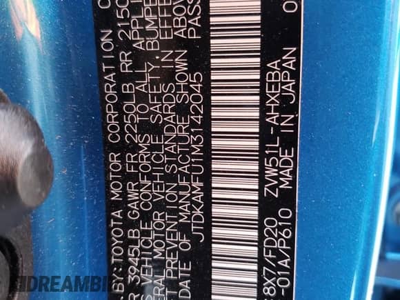 2021 Toyota Prius L Eco with VIN JTDKAMFU1M3142045, listed as a Copart auction lot 71478995 with Not provided miles and Salvage title. Bid and sale history available at DreamBid. Image 12.