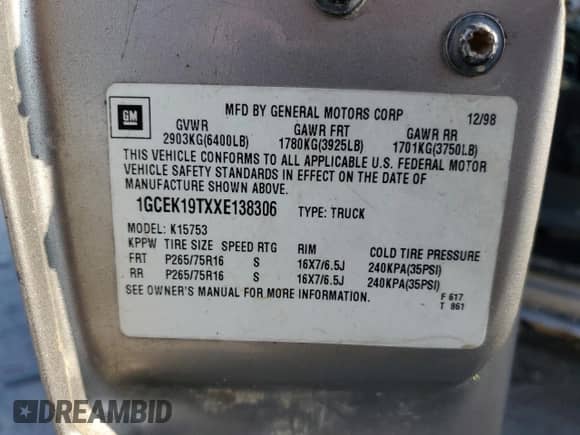 ✅ 1999 Chevrolet Silverado 1500 LT • VIN: 1GCEK19TXXE138306 • Lot: 69669864. Wystawiony na Copart z przebiegiem Nie podano mil. Skorzystaj z bezpłatnego archiwum sprzedaży aukcyjnych z USA i zobacz szczegółowy raport historii pojazdu na DreamBid. Zdjęcie 13.