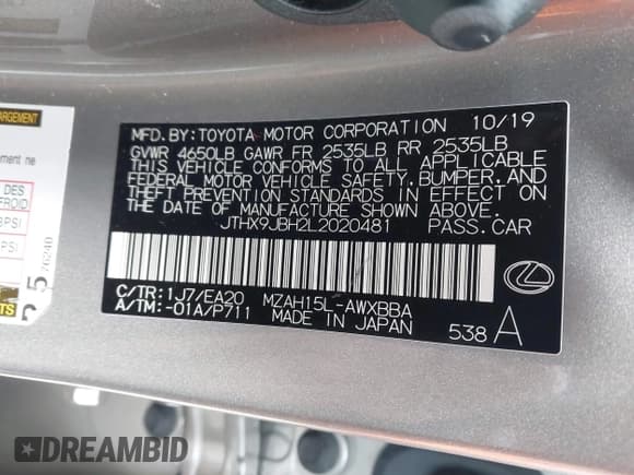 ✅ 2020 Lexus UX 250h • VIN: JTHX9JBH2L2020481 • Лот: 43616351. Опубликован ранее на IAAI с пробегом 64 490 миль. Бесплатный доступ к архиву аукционных продаж из США и подробный отчёт об истории автомобиля на DreamBid. Изображение 9.