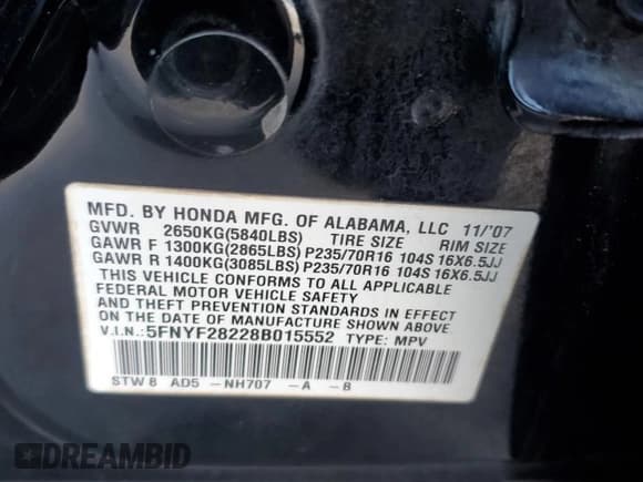 ✅ 2008 Honda Pilot VP • VIN: 5FNYF28228B015552 • Lot: 90392525. Listed on Copart with 209,276 mi. Free auction sales archive from the USA and detailed vehicle history report at DreamBid. Image 14.