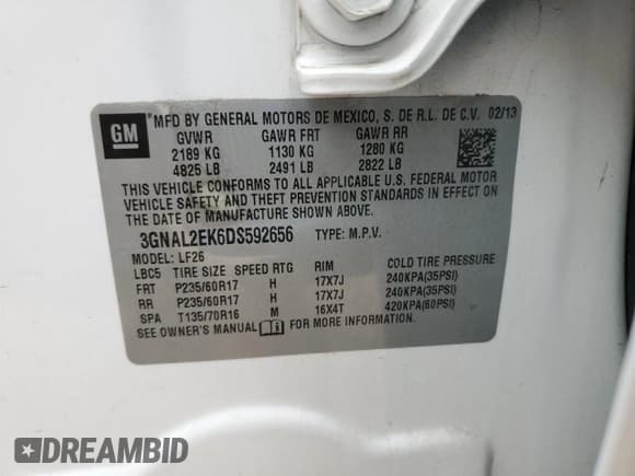 ✅ 2013 Chevrolet Captiva Sport LS • VIN: 3GNAL2EK6DS592656 • Lot: 59178735. Wystawiony na Copart z przebiegiem 92 935 mil. Bezpłatny archiwum sprzedaży aukcyjnych z USA i szczegółowy raport historii pojazdu na DreamBid. Zdjęcie 13.
