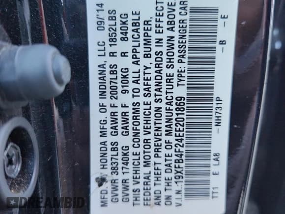 ✅ 2014 Honda Civic • VIN: 19XFB4F24EE201869 • Lot: 84242685. Listed on Copart with 144,050 mi. Free auction sales archive from the USA and detailed vehicle history report at DreamBid. Image 12.