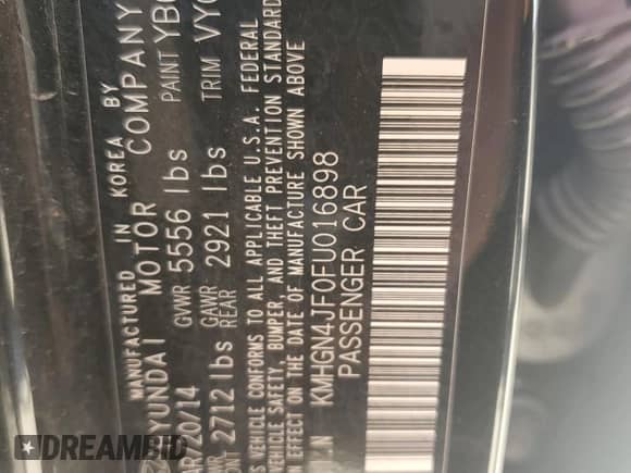 2015 Hyundai Genesis 5.0L with VIN KMHGN4JF0FU016898, listed as a Copart auction lot 73012144 with 102,729 mi miles and Salvage title. Bid and sale history available at DreamBid. Image 12.