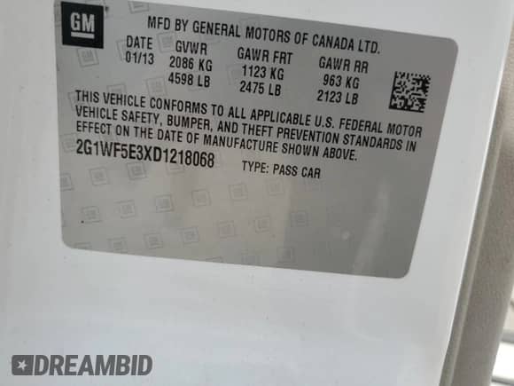 2013 Chevrolet Impala LS с VIN 2G1WF5E3XD1218068, выставлен на аукционе Copart как лот 67588715 с пробегом Не указан миль и Списание • Salvage title. История ставок и продаж доступна на DreamBid. Изображение 12.