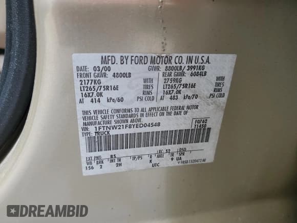 ✅ 2000 Ford F-250 XL • VIN: 1FTNW21F8YED04548 • Lot: 53504655. Listed on Copart with 237,741 mi. Free auction sales archive from the USA and detailed vehicle history report at DreamBid. Image 12.