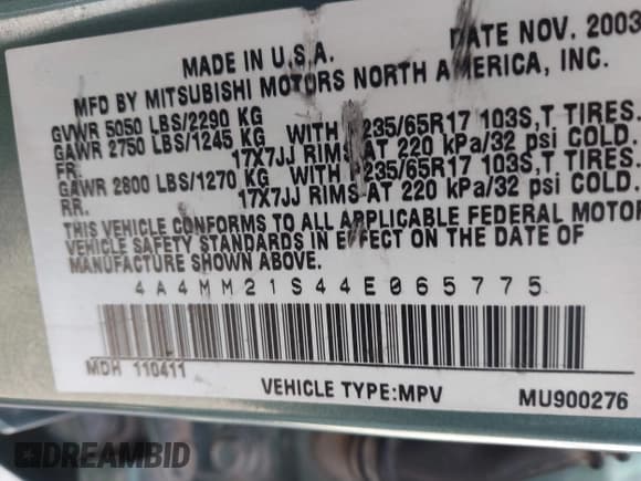 ✅ 2004 Mitsubishi Endeavor LS • VIN: 4A4MM21S44E065775 • Lot: 43736033. Listed on IAAI with 204,415 mi. Free auction sales archive from the USA and detailed vehicle history report at DreamBid. Image 9.