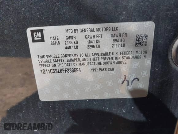 2015 Chevrolet Malibu LT z VIN 1G11C5SL6FF338694, wystawiony jako IAAI lot #43414226 z przebiegiem 107 248 mil mil oraz . Historia ofert i sprzedaży dostępna na DreamBid. Obrazek 9.