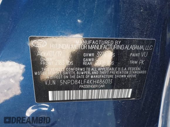 ✅ 2019 Hyundai Elantra SEL • VIN: 5NPD84LF4KH486013 • Lot: 43576173. Listed on IAAI with 104,321 mi. Free auction sales archive from the USA and detailed vehicle history report at DreamBid. Image 9.