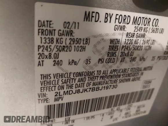 ✅ 2011 Lincoln MKX • VIN: 2LMDJ8JK7BBJ19730 • Lot: 43833911. Listed on IAAI with 140,158 mi. Free auction sales archive from the USA and detailed vehicle history report at DreamBid. Image 9.