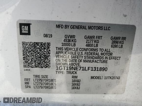 ✅ 2020 GMC Sierra 2500 • VIN: 1GT19NE71LF131890 • Lot: 52393195. Listed on Copart with 105,628 mi. Free auction sales archive from the USA and detailed vehicle history report at DreamBid. Image 13.