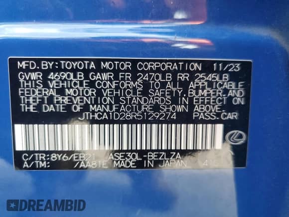 2024 Lexus IS 300 z VIN JTHCA1D28R5129274, wystawiony jako Copart lot #58954925 z przebiegiem 23 126 mil mil oraz Nie do naprawy • Non repairable. Historia ofert i sprzedaży dostępna na DreamBid. Obrazek 12.
