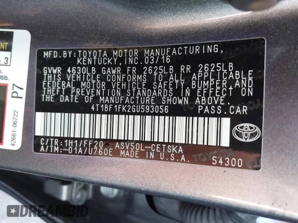 2016 Toyota Camry SE with VIN 4T1BF1FK2GU593056, listed as a IAAI auction lot 43436593 with 122,239 mi miles and . Bid and sale history available at DreamBid. Image 9.