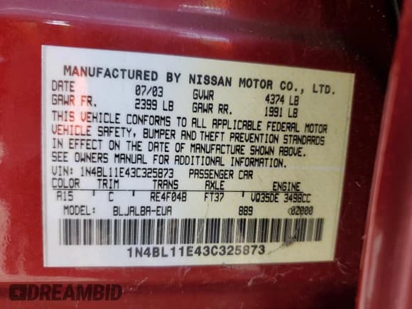 ✅ 2003 Nissan Altima SE • VIN: 1N4BL11E43C325873 • Lot: 82490165. Listed on Copart with 158,806 mi. Free auction sales archive from the USA and detailed vehicle history report at DreamBid. Image 12.