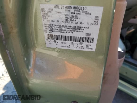 ✅ 2010 Mercury Mariner Premier • VIN: 4M2CN8HG9AKJ07871 • Lot: 47218045. Listed on Copart with Not provided. Free auction sales archive from the USA and detailed vehicle history report at DreamBid. Image 13.