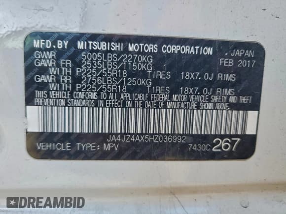 ✅ 2017 Mitsubishi Outlander GT • VIN: JA4JZ4AX5HZ036992 • Lot: 94148255. Listed on Copart with 64,576 mi. Free auction sales archive from the USA and detailed vehicle history report at DreamBid. Image 13.