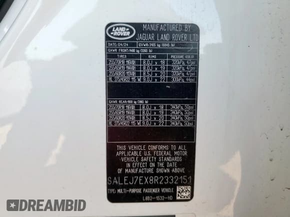 ✅ 2024 Land Rover Defender S • VIN: SALEJ7EX8R2332151 • Lot: 59149955. Listed on Copart with 14,429 mi. Free auction sales archive from the USA and detailed vehicle history report at DreamBid. Image 13.